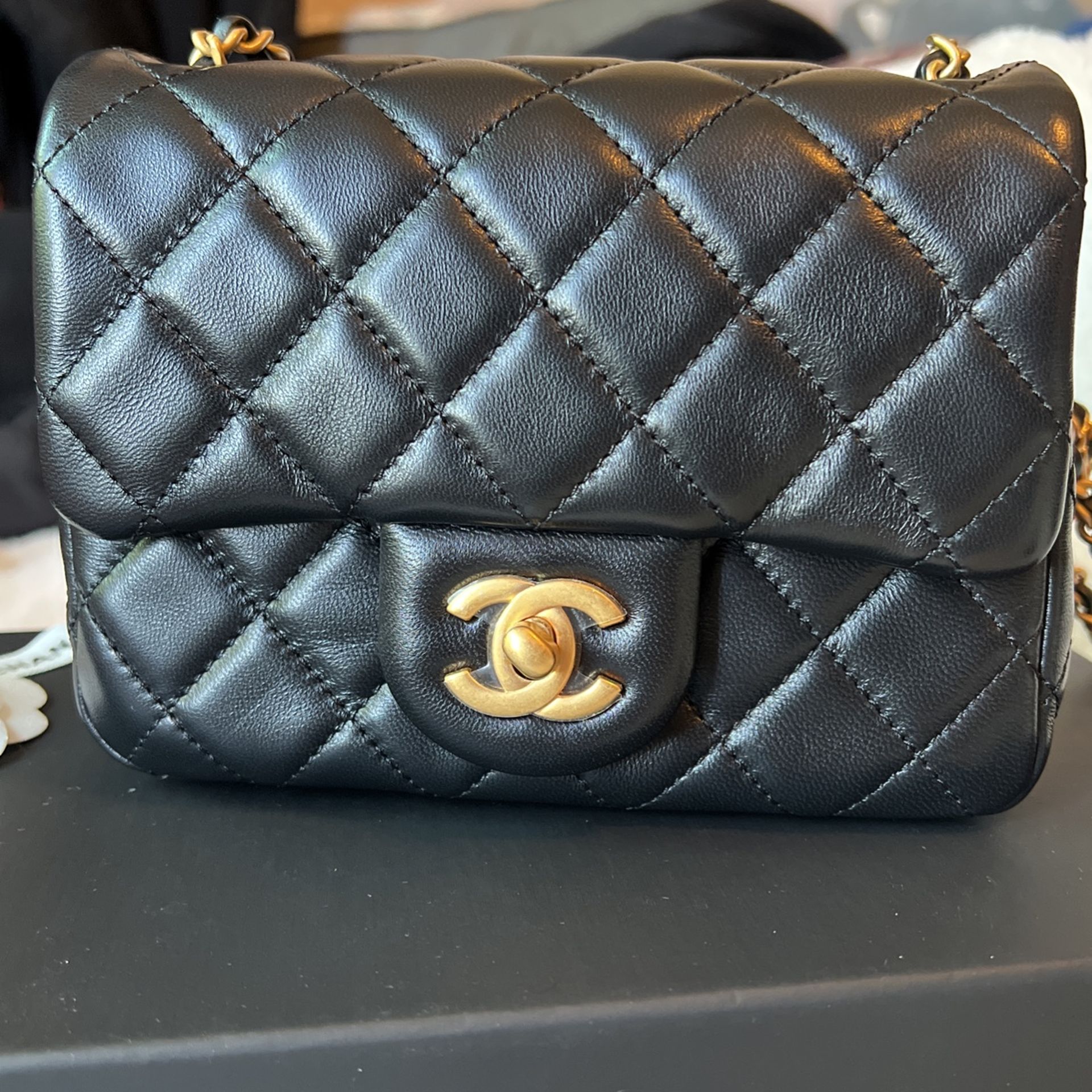 CHANEL Black Mini Square Pearl Crush Gold Ball Lambskin Flap Bag