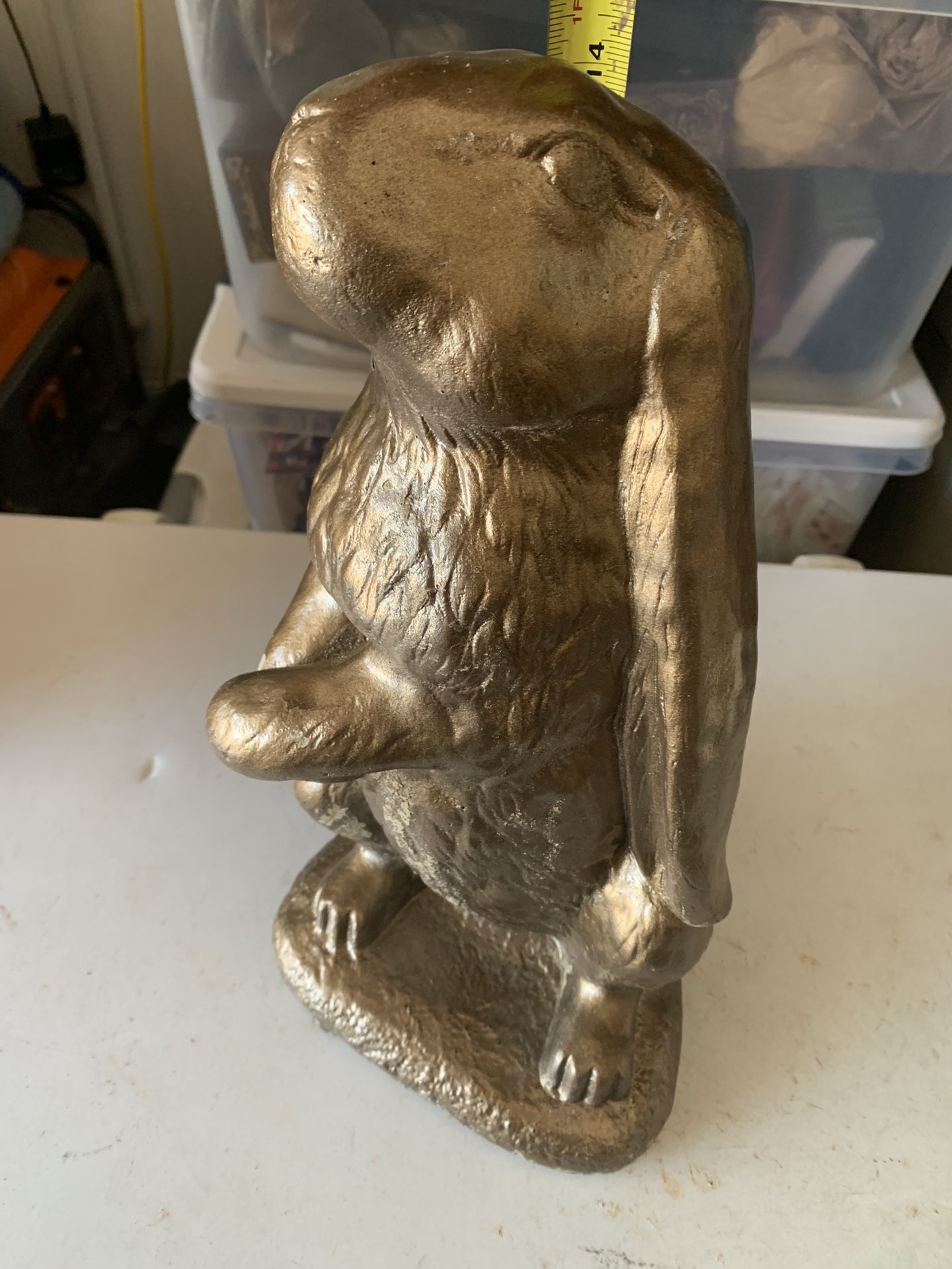 Solid Concrete Standing Rabbit Statue Garden Decoration, In Bronze Colored Paint, Very Heavy, 15 Inches Tall
