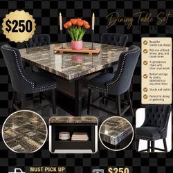 Beautiful Marble-Look Dining Table Set with 4 Chairs – $250
