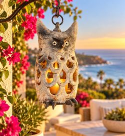 Vintage Japanese Hanging Cast Iron Owl Lantern/Candle Holder Hanging Heavy Garden Estate Sculpture Collectible, Antique Estate, Find Statue Lantern