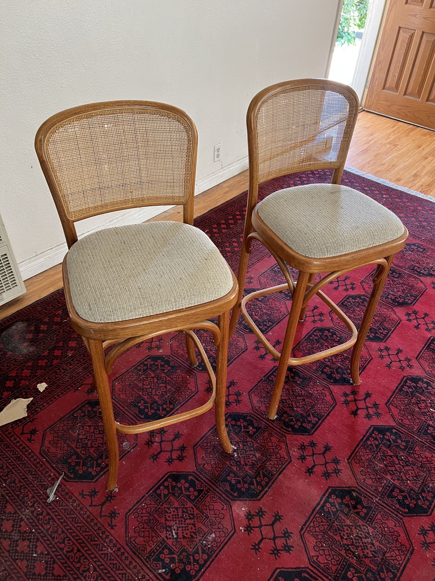 Vintage Cane & Rattan Bentwood Bar Stools Set of 2