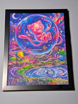 Mew "Bubble mew" Framed Pokemon Canvas Print (8.5x11) Sharpie Art Style 232 232/91 mew