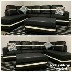 Brand New Black Leather Sectional With Storage Ottoman