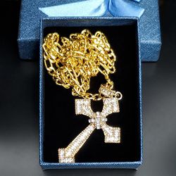 24 Inch Gold Filled Figaro Chain Large Gold Cross Pendant Necklace 