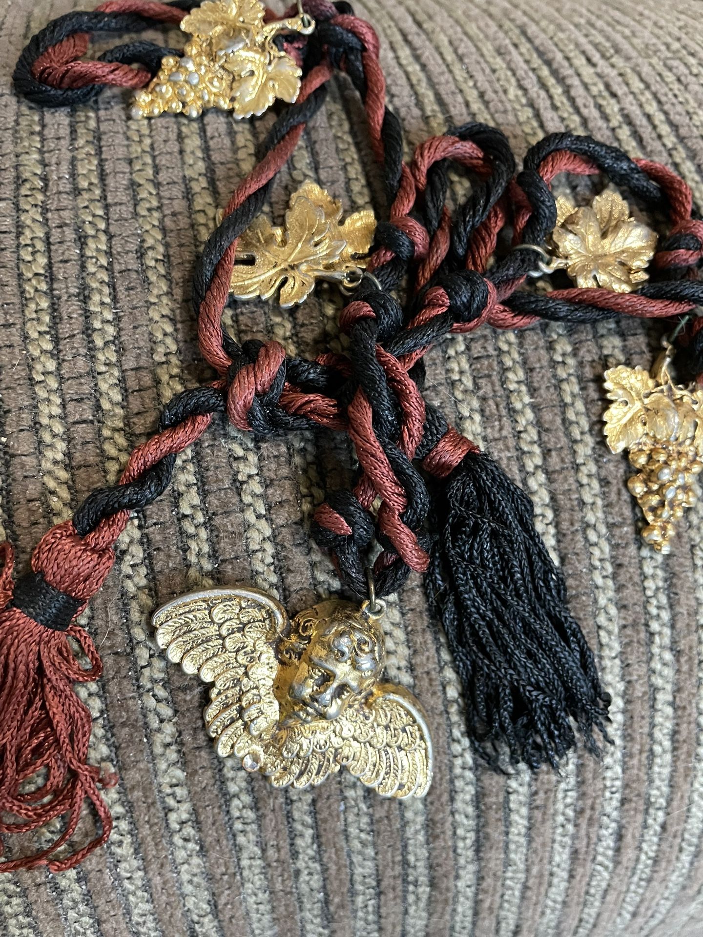 Antique Yves St Laurent Silk Cord Necklace/Belt 36” with Cherub Angel, Grapes, and Leaves