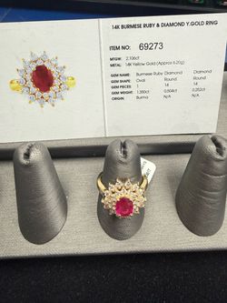 14KT Burmese Ruby & Diamond Ring, MTGW: 2.106ct, Yellow Gold 5.6grms, 28 Round Diamonds, size 7