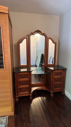 Elegant Cherry Wood Vanity with Triple Mirror & Granite Countertops