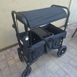 Folding Wagon Stroller for 2 Kids, All-Terrain Baby Stroller Wagon Outdoor, Removable Canopy 2 Seater, Adjustable Handle, Shock-Absorbing Wheel, Detac