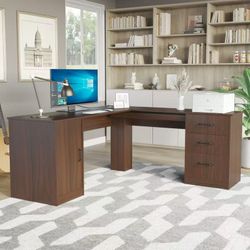L-Shaped Desk for Office, Computer Desk with Storage Cabinet and Drawers, Espress Color$100