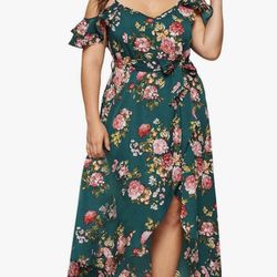 Milumia Women Plus Size Vacation Boho Dress Cold Shoulder Party Split Maxi Dress