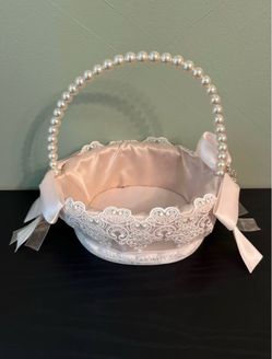 Blush Pink Flower Girl Basket - Pearl Handle, Lace & Rhinestone