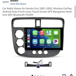 Car Radio Stereo for Honda Civic 2001-2005, Wireless CarPlay Android Auto 9 Inch Linux Touch Screen GPS Navigation Head Unit WiFi Bluetooth FM/AM