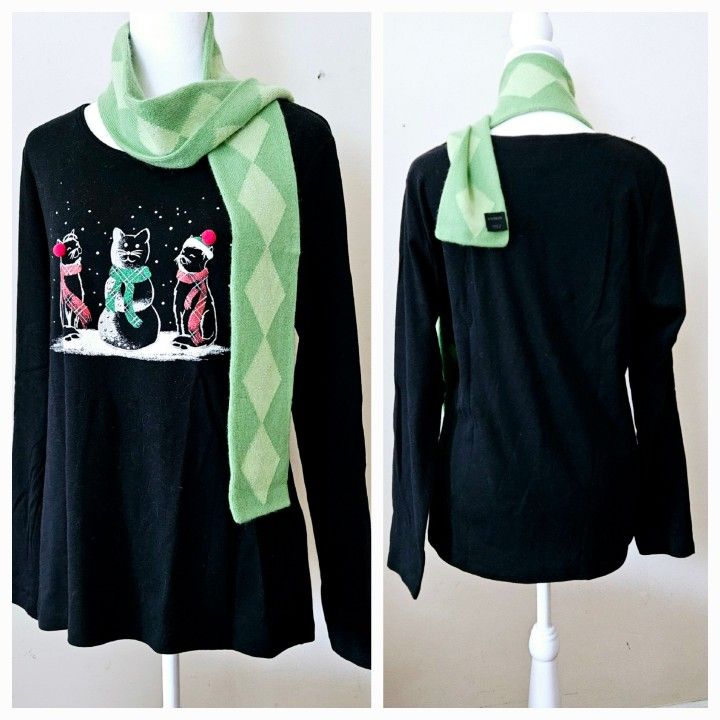 Size Medium Karen Scott Black Long-Sleeved 100% Cotton Shirt with Kitty Cats Design & Red Pom Pom Hat Tassels strategically placed & Express 100% Cash