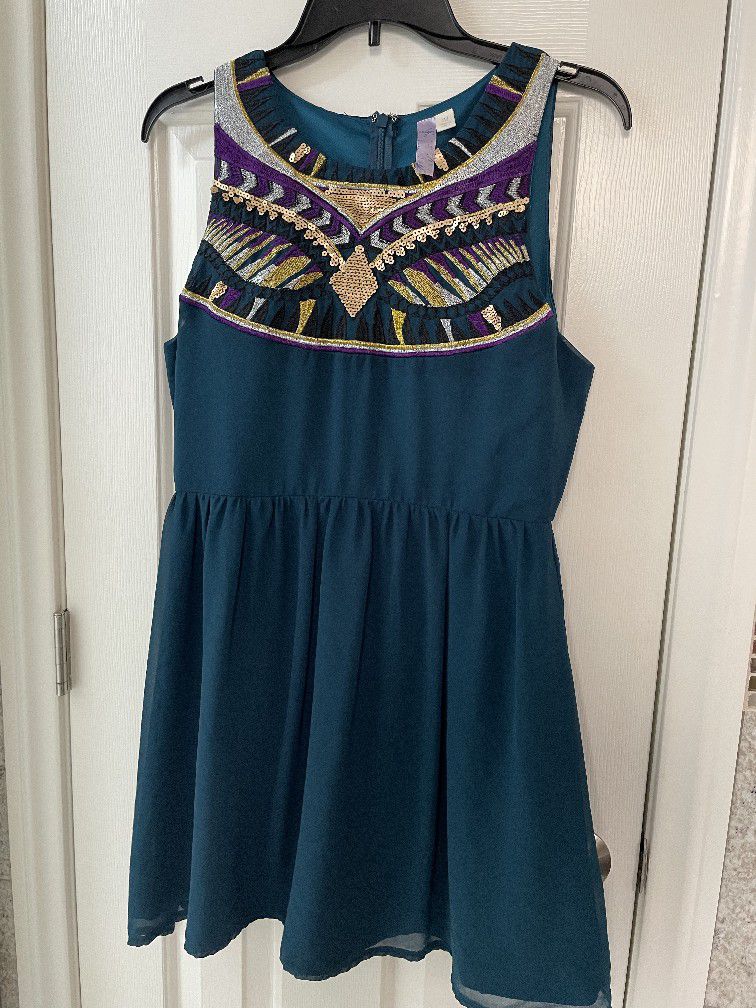 Peacock Blue Embroidered Sleeves Dress