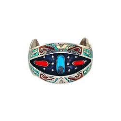 Zuni Sterling Silver Turquoise & Coral Shadowbox Micro Inlay Wide Cuff