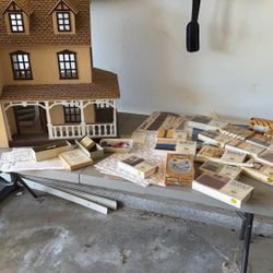 Vintage Doll House With Wall Paper And Unopened Boxes Of Furniture 