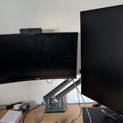 Dual Monitors 24" Curve MSI KTC + Mount + Logitech 4K Webcam