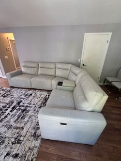 Light Gray Leather Power Reclining Sectional Sofa