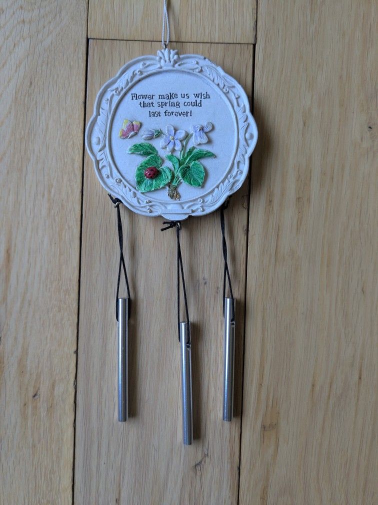 Vintage Ceramic Wind Chime Embossed Floral Pattern "Spring Lasts Forever" 3.5" Diameter. handpainted, handmade.