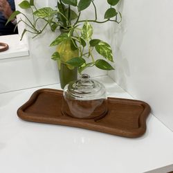 1970s Teak Wood Bone Shaped Cheese Board With Glass Cloche, 2 Pieces