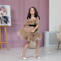 New. Beige With Black Polka Dotts Puffy Dress. Girl 