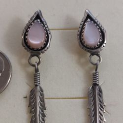 Southwestern Tribal Mother Of Pearl Sterling Silver Teardrop Feather Dangle Drop Pierced Earrings
