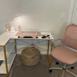 White and Gold Computer Desk With Pink Chair