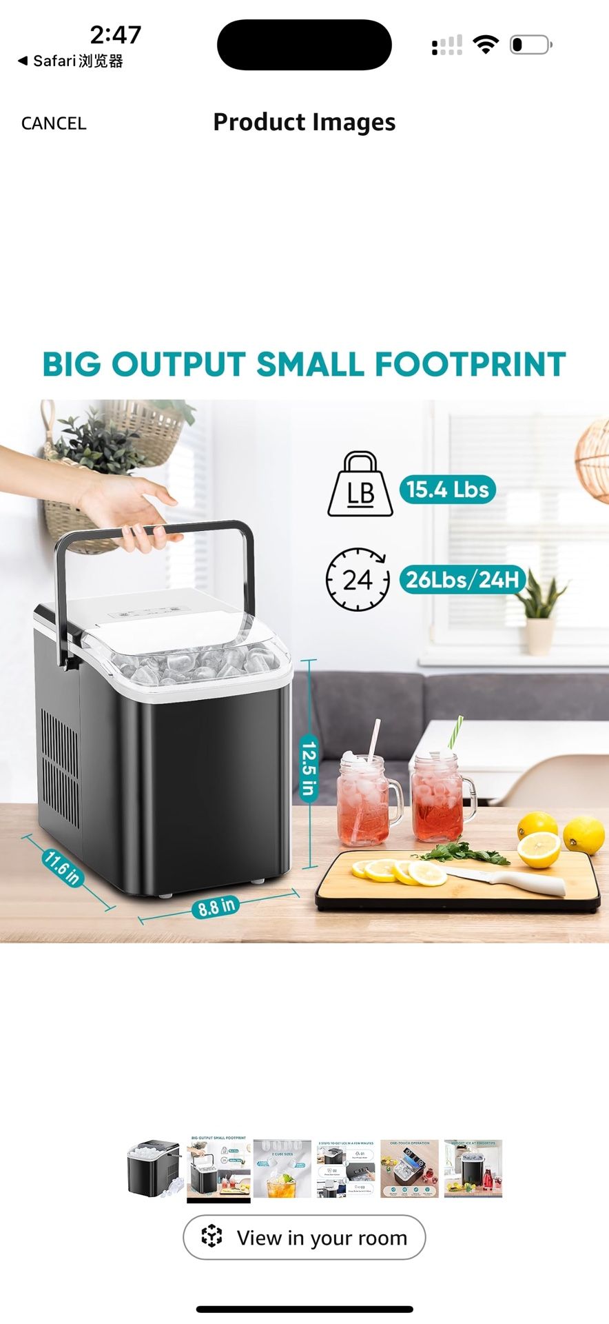 Ice Maker, Portable Countertop Icemaker Machine, Self Cleaning Quiet 2 Sizes Bullet Cubes Makers, 9 Cubes in 6 Mins, 26.5lbs/24Hrs with Ice Scoop, Bas