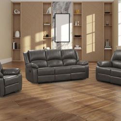 Brand New Grey Leather 3pc Reclining Sofa Set 