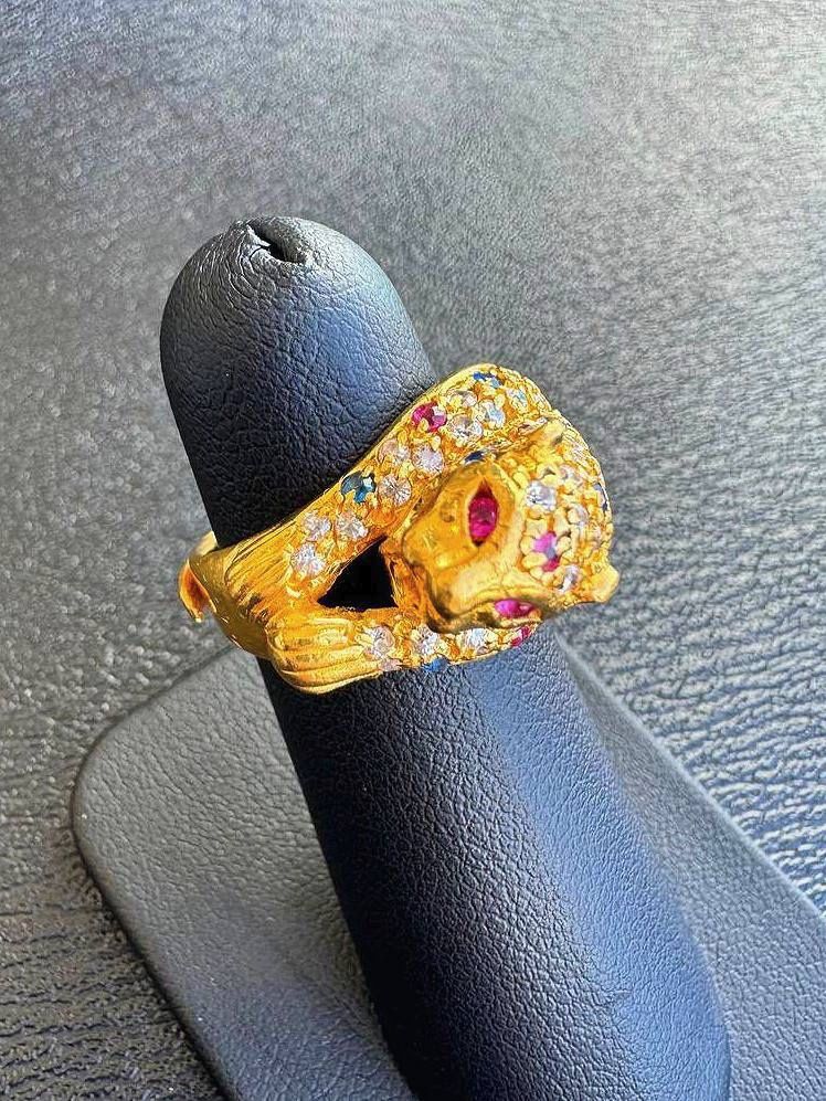 Jewelry 24k solid pure yellow gold colourful gemstone fashion panther ring sz 5.25 14.3g