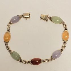 Vintage Multiple Cabochon Jade Gems Sterling Silver Bracelet 7.5 in