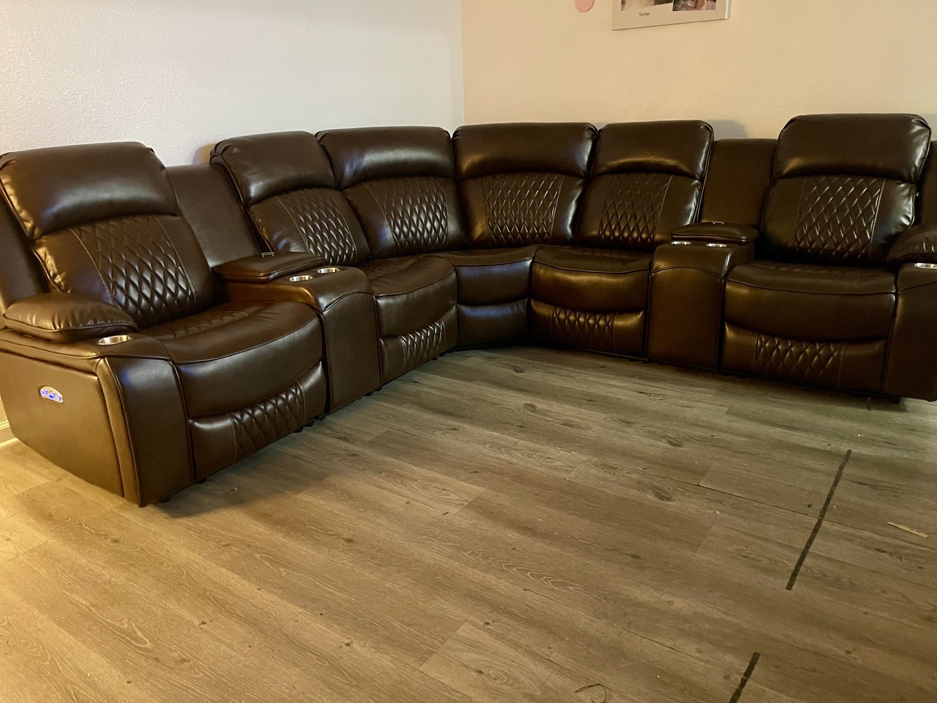 Brown Leather Sectional Sofa With 4 Power Reclining Seats