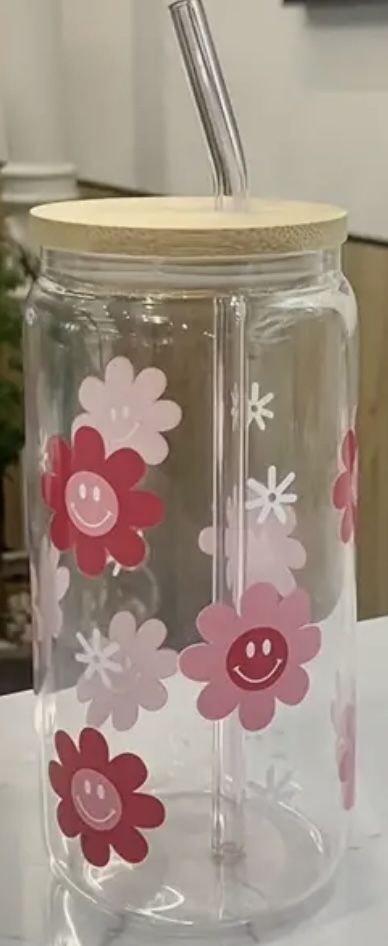 Pink Flowers With Smiling Faces Glass Cup