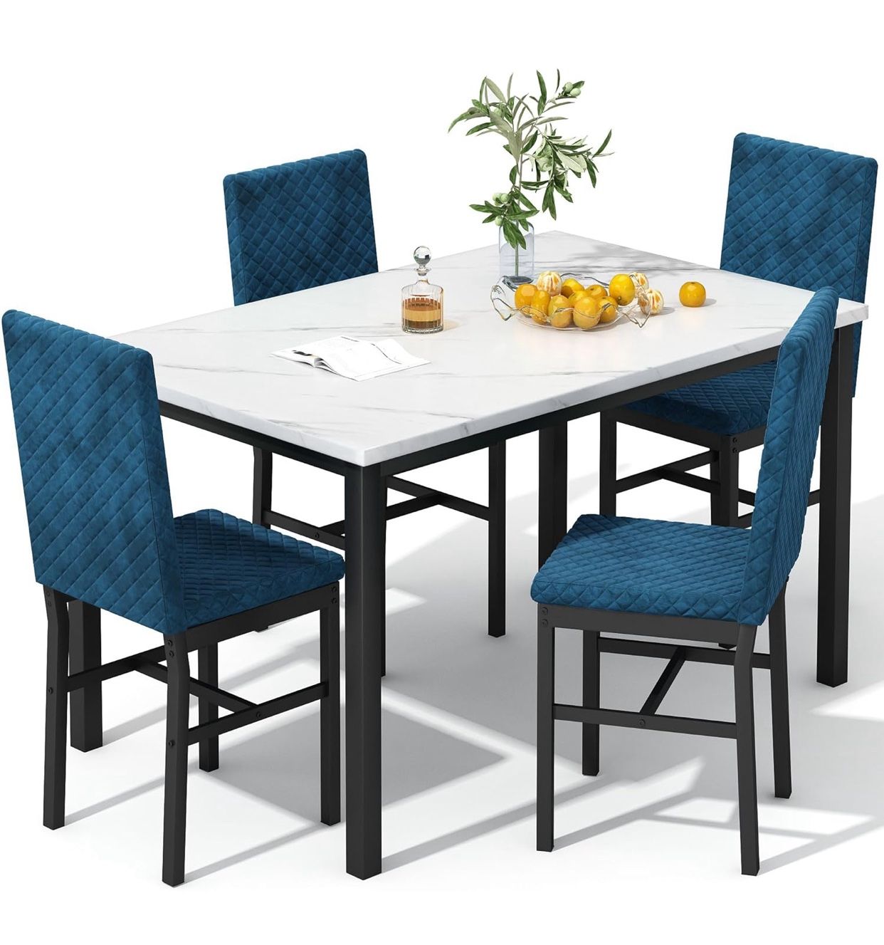 Dining Table Set for 4, Modern 5 Piece Dining Table Set Faux Marble Kitchen Table & 4 Velvet Upholstered Chairs, Dining Room Set for Small Space $130