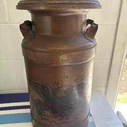 Antique Dairy Milk Can & Lid Folk Art Eagle American Flag 20” Tall X 10” Dia