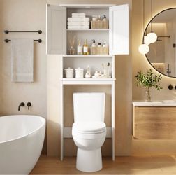 Over The Toilet Storage Cabinet Bathroom Shelves Organizer Space Saver Freestanding Restroom Shelf with Doors Anti-Tip Device Adjustable Shelf