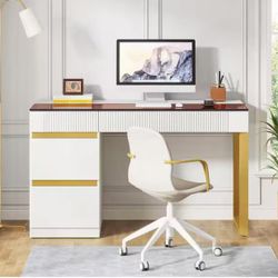 YS0294 47 in. Rectangular White and Gold Wood 4-Drawer Computer Desk, Modern Home Office Desk with Glass Top