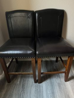 Pair of Dark Brown Leather Counter Stools with Nailhead Trim (Set of 2)