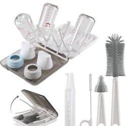 Baby Bottle Brush,6 in 1 Bottle Cleaner Set with Extendable Silicone Bottle Brush,Drying Rack,Nipple & Straw Brushes,Soap Dispenser & Organizer Case,I