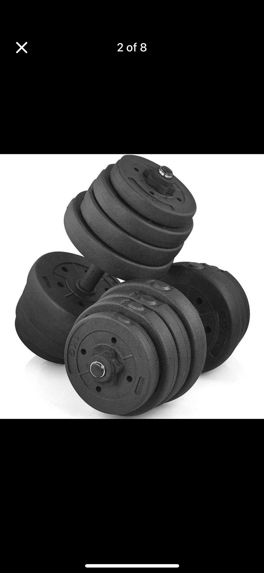 66 pounds dumbbells 33 pounds each also, they come with an extra bar so you can make your bar longer and work out for your chest