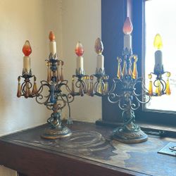 Vintage 1960s Spanish Revival 3-Light Candelabra Lamp – Amber Crystals – Works!