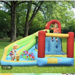 6-in-1 Inflatable Bounce House with Climbing Wall and Basketball Hoop with Blower