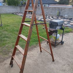 Antique Vintage 6ft Wood Ladder With Wheels