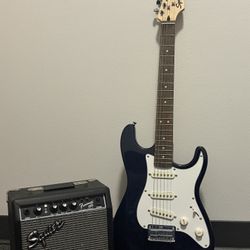 Fender Squier Stratocaster electric guitar with amp