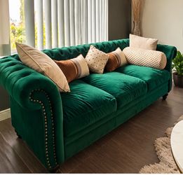 Green Velvet Chesterfield Sofa, 84.5'' Modern Tufted 3-Seater Couch with Scroll Arms, Nailhead Accents and Wood Legs,Velvet Sofa for Living Room, Bedr