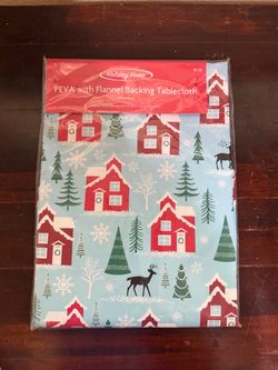 Holiday Home Christmas PEVA With Flannel Backing Table Cloth NWT Blue