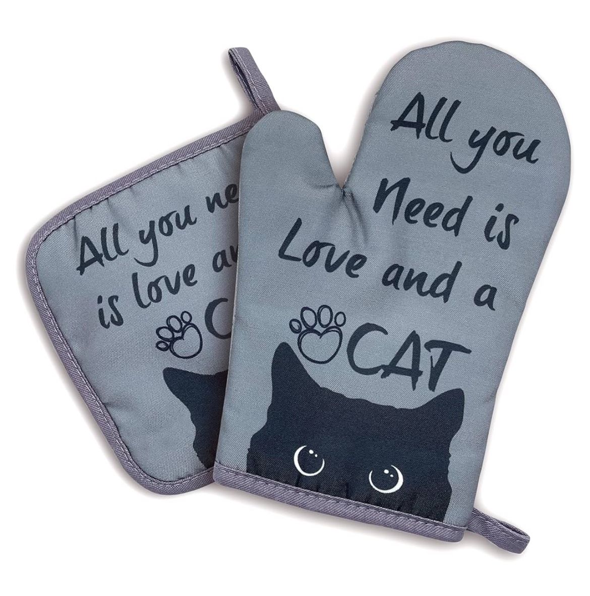 “All You Need is Love and A Cat” Oven Mitts and Pot Holder