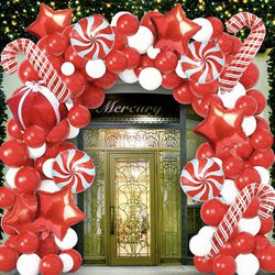 Christmas Balloon Garland Arch kit 146 Pcs,Christmas Balloons Red White Candy Cane Balloons with Tape Strip & Dots Sticker for Christmas Party Decorat