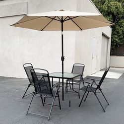 (New) $140 Outdoor Patio 6pcs Set (32x32” Table, 4pc Chairs and 10ft Umbrella) 