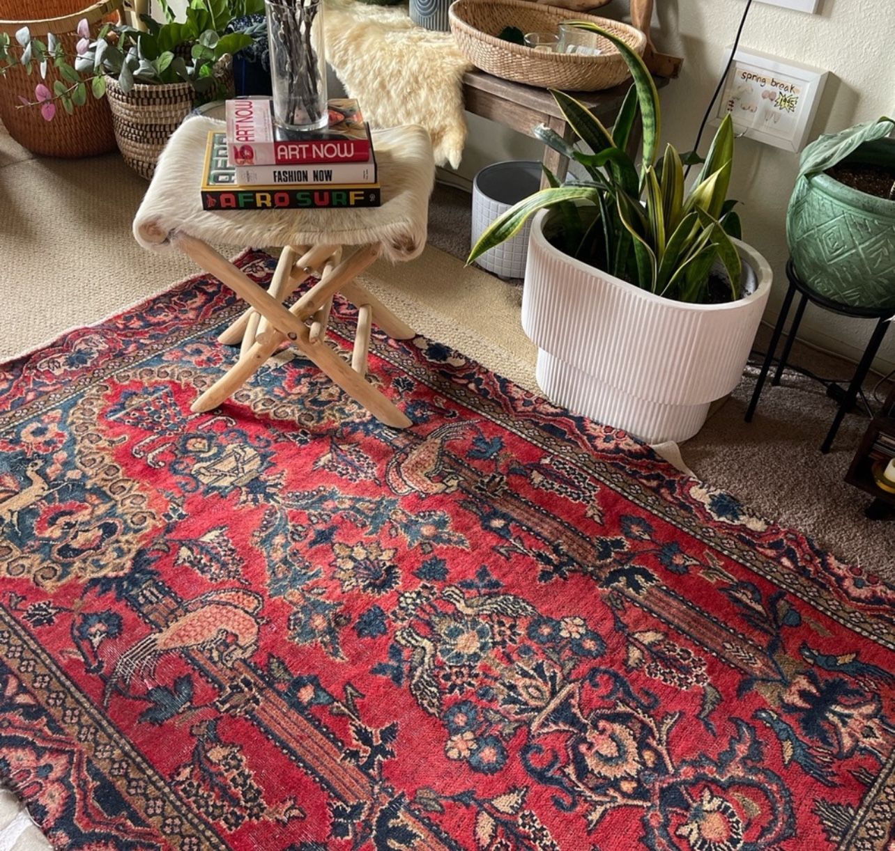 6x 3.6’ VINTAGE RUG HANDMADE HAND-KNOTTED Wool red blue clean Authentic 1940s